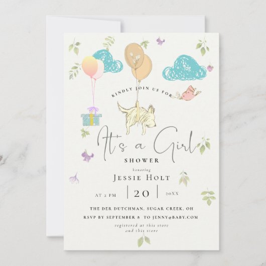 Invitation Aquarelle Balloon Chiot bébé fille Douche (Devant)