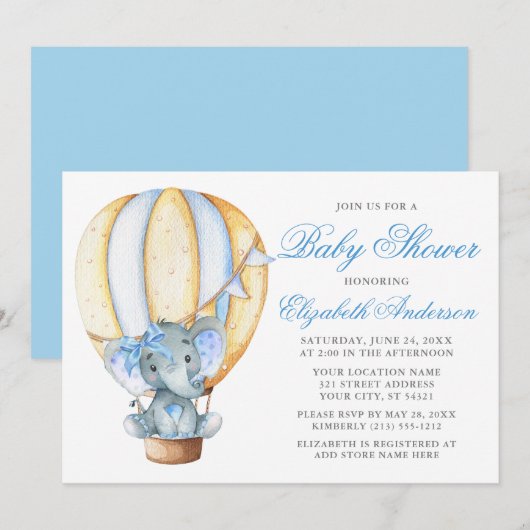 Invitation Aquarelle Balloon Eléphant Baby shower Bleu Bow (Devant / Derrière)