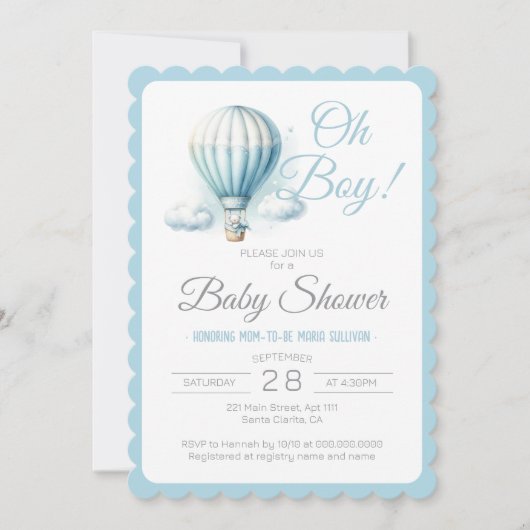 Invitation Aquarelle Balloon & Ours Oh Baby shower garçon (Devant)