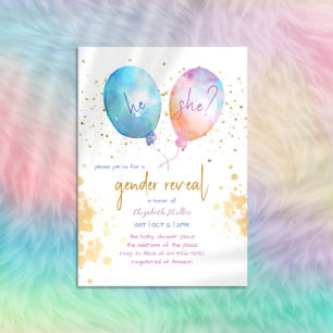 Invitation Aquarelle Balloon rose Bleu Parties scintillant Se