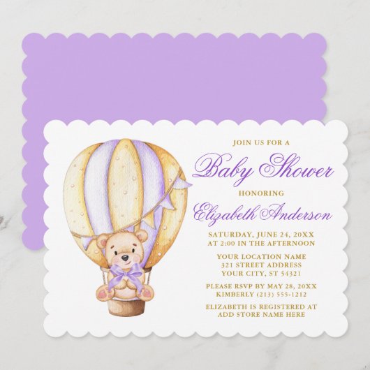 Invitation Aquarelle Balloon Teddy Bear Violet Baby shower (Devant / Derrière)