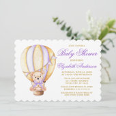 Invitation Aquarelle Balloon Teddy Bear Violet Baby shower (Debout devant)