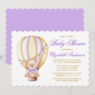 Invitation Aquarelle Balloon Teddy Bear Violet Baby shower