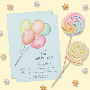 Invitation Aquarelle Balloons Boy 1er anniversaire