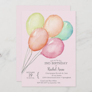 Invitation Aquarelle Balloons fille 2e anniversaire