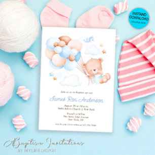 Invitation Aquarelle Balloons Ours Teddy Boy Baptême