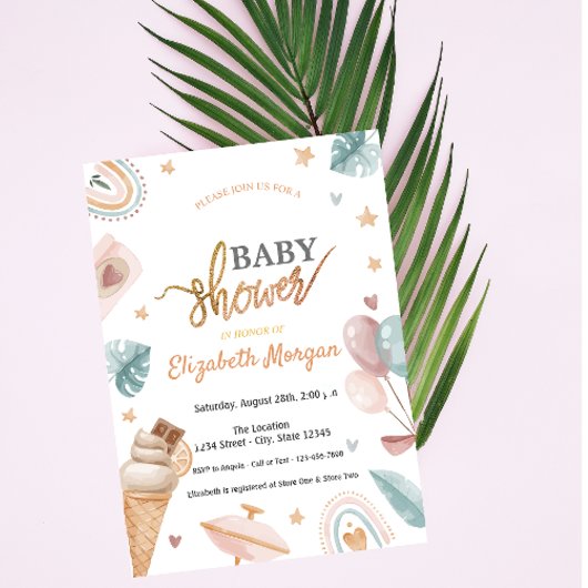 Invitation Aquarelle Balloons Rainbow Baby shower crème glacé