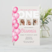 Invitation Aquarelle Ballotte rose photo premier anniversaire (Debout devant)