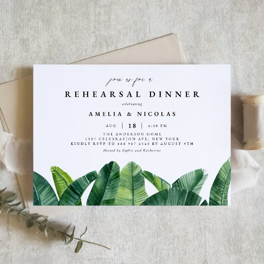 Invitation Aquarelle Banana Palm Dîner de répétition Feuilles