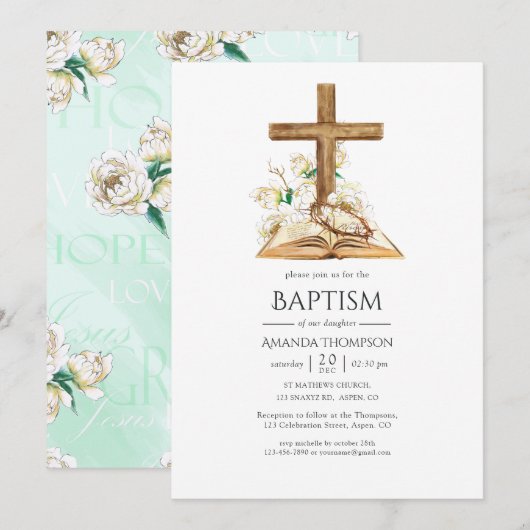 Invitation Aquarelle Baptême Floral/ Christening/ Dédication (Devant / Derrière)