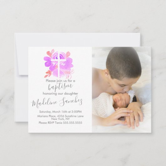 Invitation Aquarelle Baptême Floral Pink Baby Dedication (Devant)