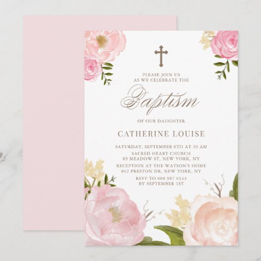 Invitation Aquarelle Baptême floral rose pâle (Devant / Derrière)