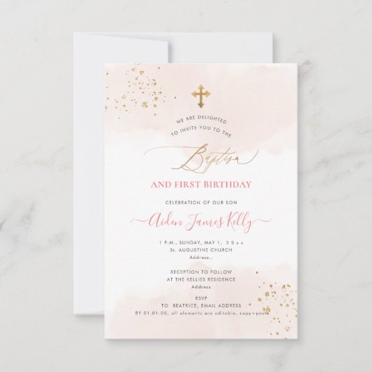 Invitation Aquarelle Baptême Or Blush+1er Anniversaire (Devant)