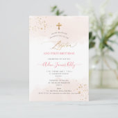 Invitation Aquarelle Baptême Or Blush+1er Anniversaire (Debout devant)