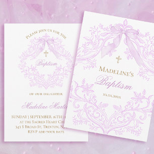 Invitation aquarelle baptême ruban lilas