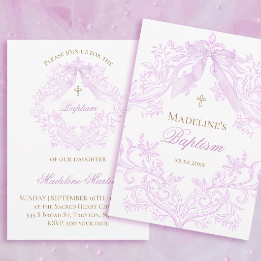 Invitation aquarelle baptême ruban lilas