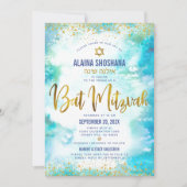 Invitation Aquarelle Bat mitzvah de code QR Turquoise Gold Fo (Devant)