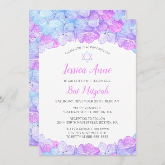 Invitation Aquarelle Bat mitzvah de l'Hydrangée rose (Devant / Derrière)