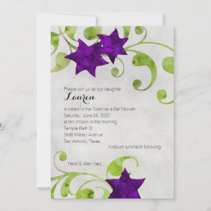 Invitation Aquarelle bat mitzvah étoile Floral Design violet