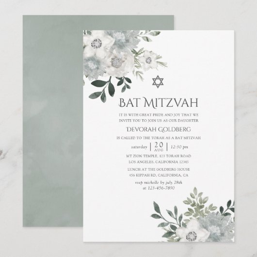Invitation Aquarelle Bat mitzvah floral argent Sage (Devant / Derrière)