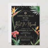 Invitation Aquarelle bat mitzvah Tropical Black Gold Floral (Devant)