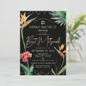 Invitation Aquarelle bat mitzvah Tropical Black Gold Floral (Debout devant)