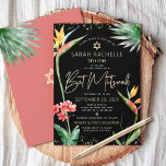 Invitation Aquarelle bat mitzvah Tropical Black Gold Floral<br><div class="desc">Soyez fier, réjouissez-vous et présentez ce jalon de votre Bat mitzvah préféré avec cette invitation sophistiquée et personnalisée ! Élégant, étonnant, coloré, oiseaux d'aquarelle tropicale de fleurs de paradis, faux écriture manuscrite or, Star of David et points de parties scintillant, avec le type sans serif moderne, superposent un arrière -...</div>
