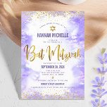 Invitation Aquarelle Bat mitzvah violet or Foil moderne<br><div class="desc">Soyez fier, réjouissez-vous et présentez cette étape importante de votre Bat mitzvah préféré ! Envoyez cette invitation étonnante, moderne, personnalisée pour un événement à retenir. Scénario de feuille d'or, points de parties scintillant. Star of David et script de typographie superposent un arrière - plan d'aquarelle violet clair. Personnalisez le texte...</div>