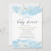 Invitation Aquarelle bébé bleu blanc or garçon baby shower (Devant)