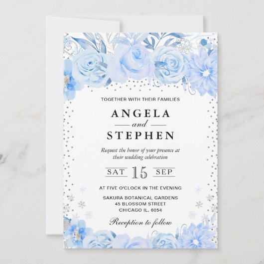 Invitation Aquarelle Bébé bleu Fleurs d'hiver Mariage (Devant)
