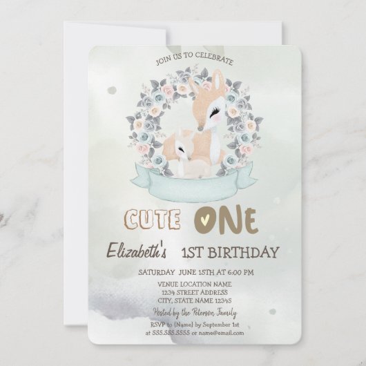 Invitation Aquarelle Bébé Cerf Fleur Roses Vert 1er (Devant)