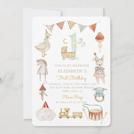 Invitation Aquarelle Bébé Champignons Whimsical premier anniv (Devant)