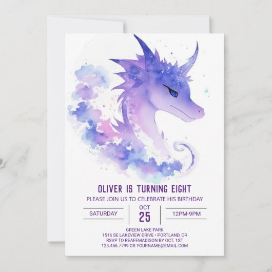 Invitation Aquarelle Bébé Dragon Anniversaire (Devant)