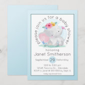 Invitation Aquarelle bébé éléphant avec Baby shower de fleurs (Devant / Derrière)
