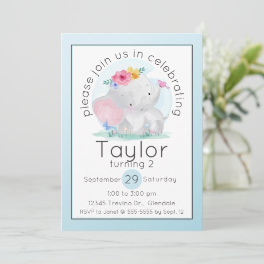 Invitation Aquarelle bébé éléphant avec fleurs Anniversaire (Debout devant)