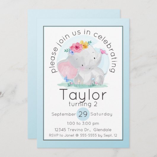 Invitation Aquarelle bébé éléphant avec fleurs Anniversaire (Devant / Derrière)