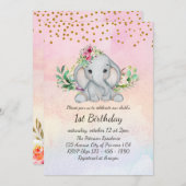 Invitation Aquarelle Bébé Eléphant et fleurs 1er anniversaire (Devant / Derrière)