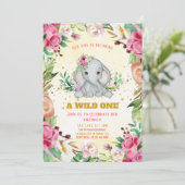 Invitation Aquarelle Bébé Eléphant Fleurs Fille Anniversaire (Debout devant)