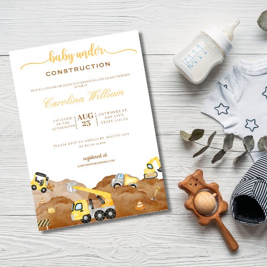 Invitation Aquarelle bébé en construction baby shower