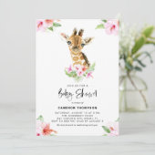 Invitation Aquarelle Bébé Giraffe Baby shower Hibiscus rose (Debout devant)