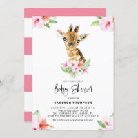 Aquarelle Bébé Giraffe Baby shower Hibiscus rose