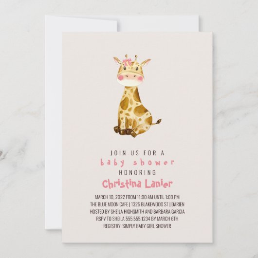 Invitation Aquarelle bébé Giraffe mignonne Whimsical Baby Gir (Devant)