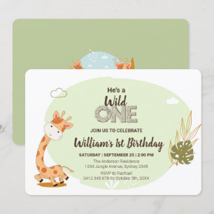 Invitation Aquarelle bébé Giraffe, Safari Animaux Anniversair