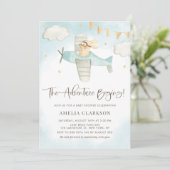 Invitation Aquarelle Bébé Lapin Avion Baby shower bleu (Debout devant)