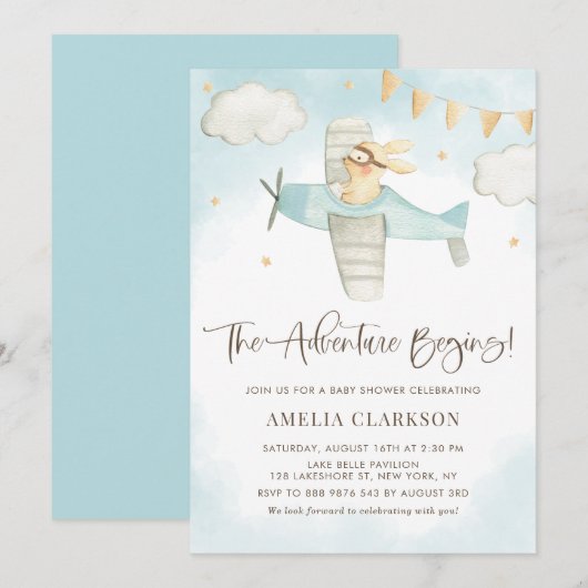Invitation Aquarelle Bébé Lapin Avion Baby shower bleu (Devant / Derrière)