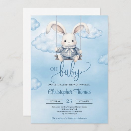 Invitation Aquarelle bébé lapin sur balançoire dans le ciel (Devant / Derrière)