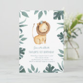 Invitation Aquarelle Bébé Lion Prince Vert Anniversaire (Debout devant)