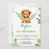 Invitation Aquarelle Bébé Lion Prince Vert Anniversaire (Devant)