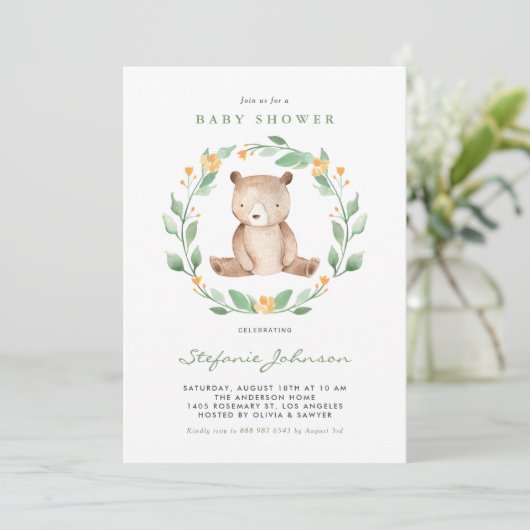 Invitation Aquarelle Bébé Ours Wreath Baby shower vert (Debout devant)