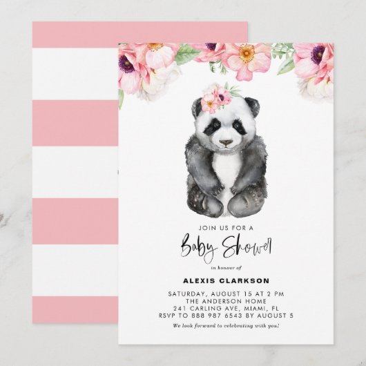 Invitation Aquarelle Bébé Panda Pink Anemones Baby shower (Devant / Derrière)